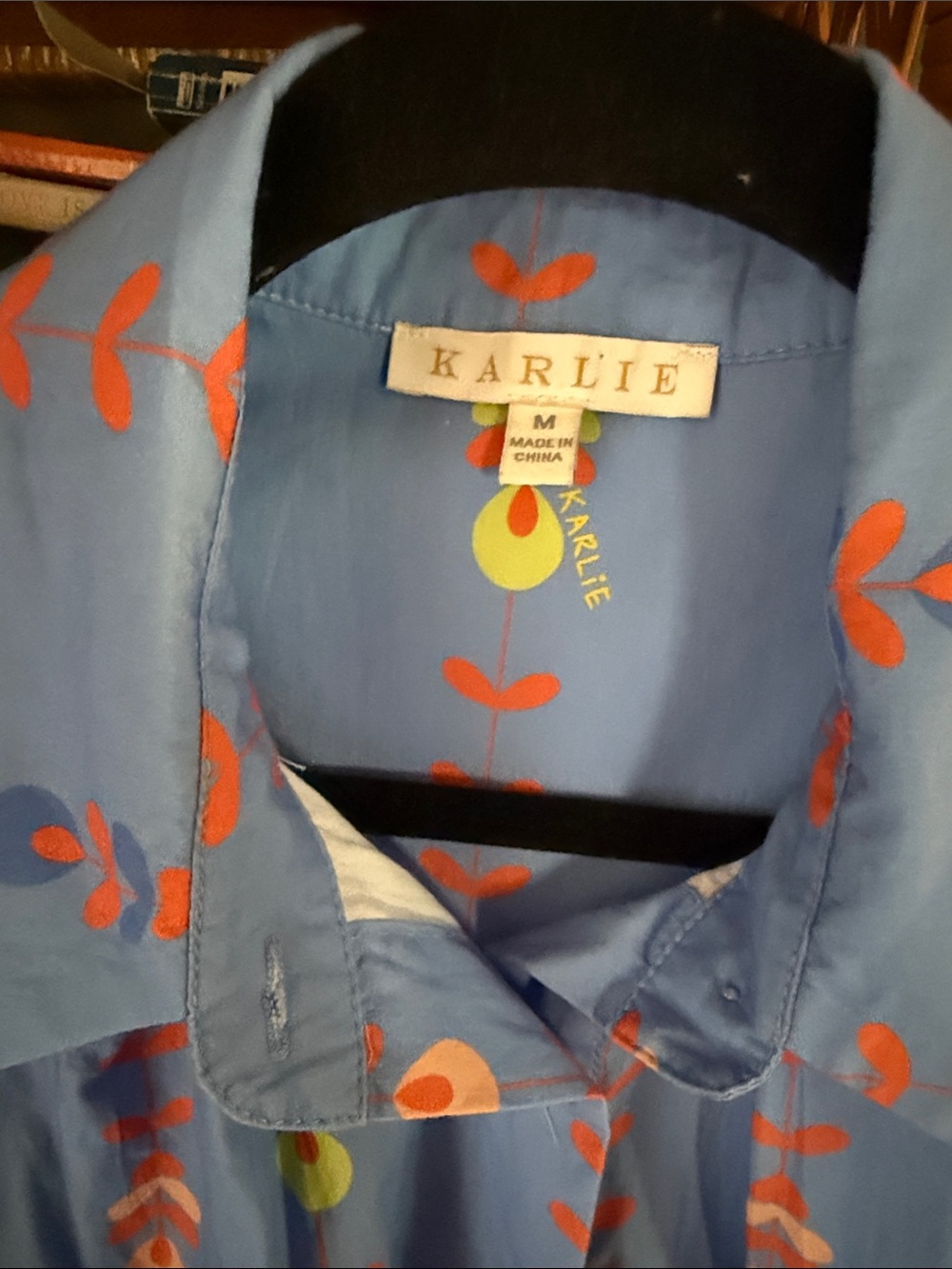 Karlie Light Blue Button-Up Blouse with Coral Leaf Print - Picture 2 of 3